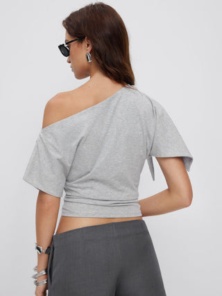 Cotton-blend Asymmetrical Neck Draped Button Short Sleeve Top