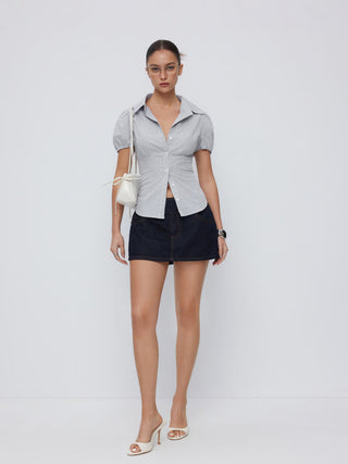 Cotton-blend Gingham Ruched Puff Sleeve Blouse