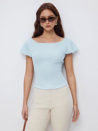 Textured Boat Neck Ruffle Sleeve Lettuce Trim Tee