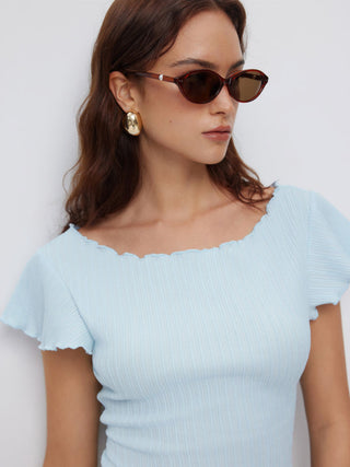 Textured Boat Neck Ruffle Sleeve Lettuce Trim Tee