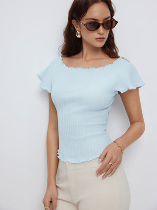 Textured Boat Neck Ruffle Sleeve Lettuce Trim Tee