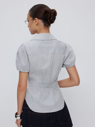 Cotton-blend Gingham Ruched Puff Sleeve Blouse