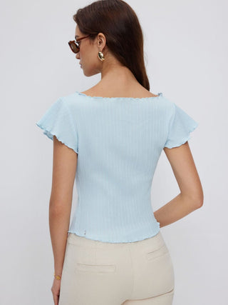Textured Boat Neck Ruffle Sleeve Lettuce Trim Tee