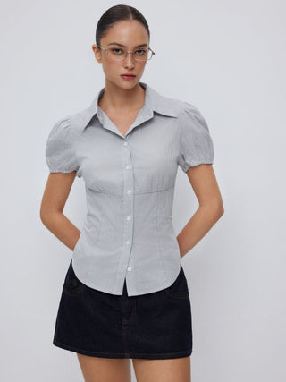 Cotton-blend Gingham Ruched Puff Sleeve Blouse