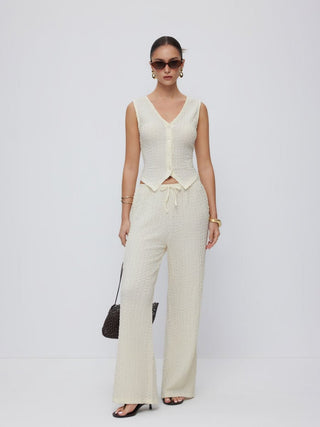 Textured V-neck Vest & Mid Rise Drawstring Wide Leg Trousers Set