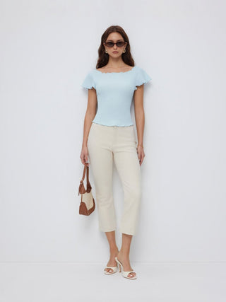 Textured Boat Neck Ruffle Sleeve Lettuce Trim Tee