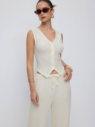 Textured V-neck Vest & Mid Rise Drawstring Wide Leg Trousers Set