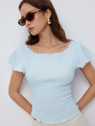 Textured Boat Neck Ruffle Sleeve Lettuce Trim Tee