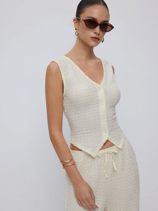 Textured V-neck Vest & Mid Rise Drawstring Wide Leg Trousers Set