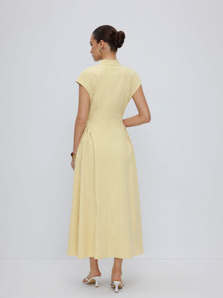 Stand Collar Tie-Neck Short Sleeve Draped Pocket Flared Maxi Dress