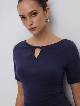 High Stretch Boat Neck Short Sleeve Twist Cut Out Ruched Tee
