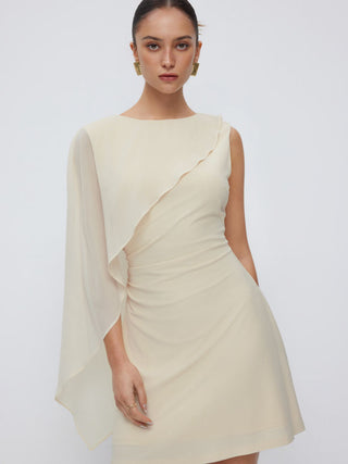 Textured Boat Neck Ruched Asymmetrical Draped A-line Mini Dress