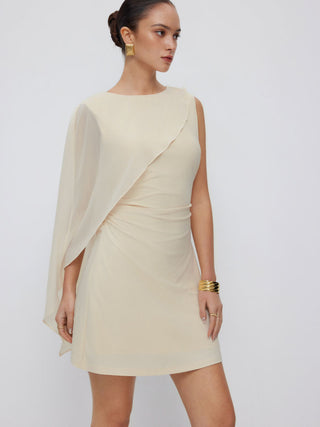 Textured Boat Neck Ruched Asymmetrical Draped A-line Mini Dress