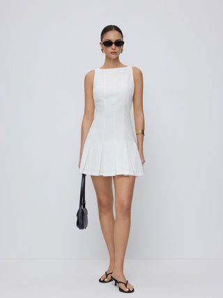 Linen-blend Boat Neck Pleated A-line Mini Dress