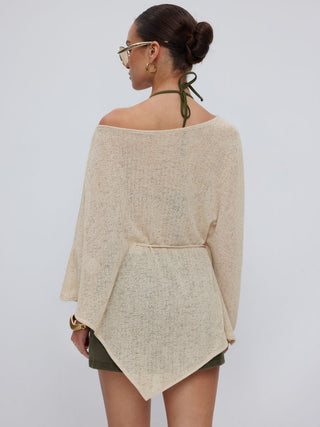 Textured Linen-blend Asymmetrical Neck Cloak Sleeve Top