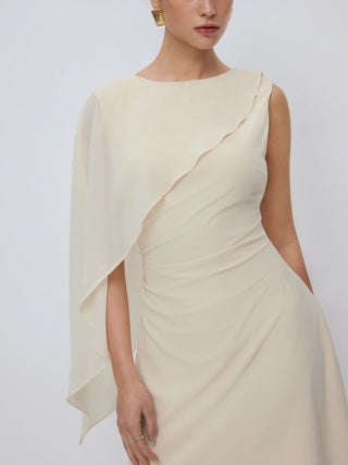 Textured Boat Neck Ruched Asymmetrical Draped A-line Mini Dress
