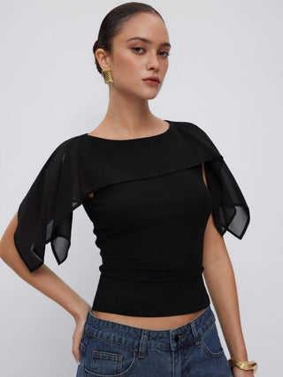 Boat Neck Draped Overlay Short Sleeve Top