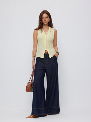 Cotton-blend Textured Notched Collar Tie Back Tank Top