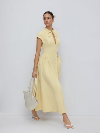 Stand Collar Tie-Neck Short Sleeve Draped Pocket Flared Maxi Dress