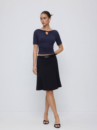 High Stretch Boat Neck Short Sleeve Twist Cut Out Ruched Tee