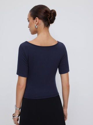 High Stretch Boat Neck Short Sleeve Twist Cut Out Ruched Tee