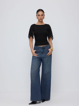 Boat Neck Draped Overlay Short Sleeve Top