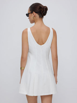 Linen-blend Boat Neck Pleated A-line Mini Dress