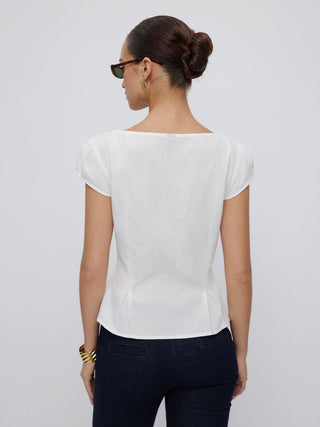 Cotton-blend Textured Boat Neck Puff Sleeve Button Through Peplum Blouse