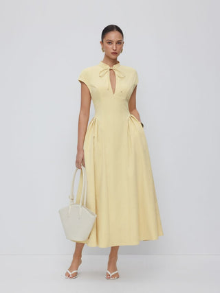 Stand Collar Tie-Neck Short Sleeve Draped Pocket Flared Maxi Dress