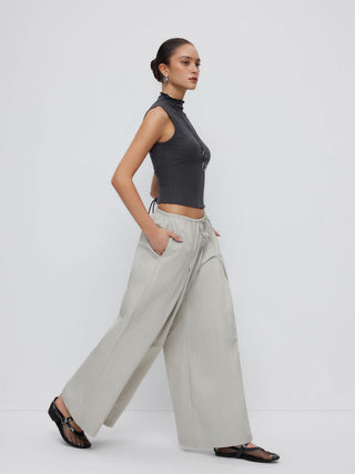 Cotton-blend Low Rise Drawstring Wide Leg Trousers