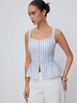 Cotton-blend Stripe V-neck Peplum Tank Blouse