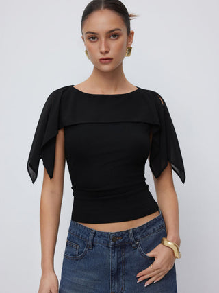 Boat Neck Draped Overlay Short Sleeve Top