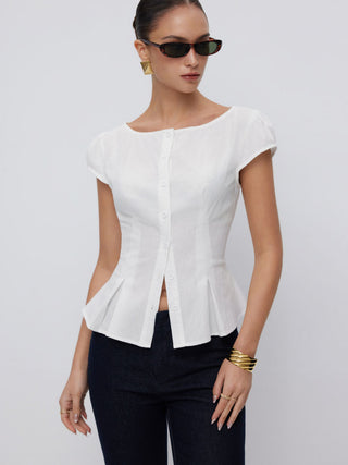 Cotton-blend Textured Boat Neck Puff Sleeve Button Through Peplum Blouse