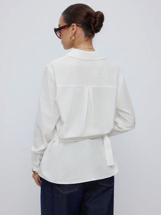 Linen-blend Longline Long Sleeve Shirt with Belt