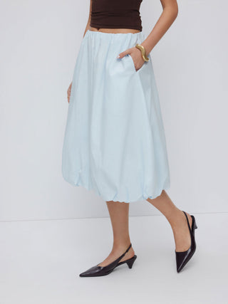 Cotton-blend Low Rise Ruched Bubble Hem Midi Skirt