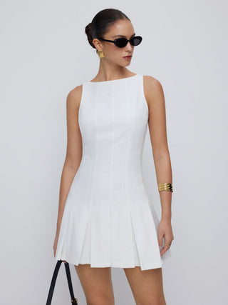Linen-blend Boat Neck Pleated A-line Mini Dress