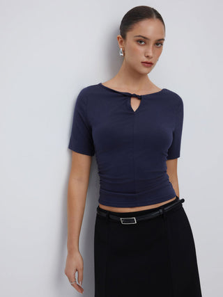 High Stretch Boat Neck Short Sleeve Twist Cut Out Ruched Tee