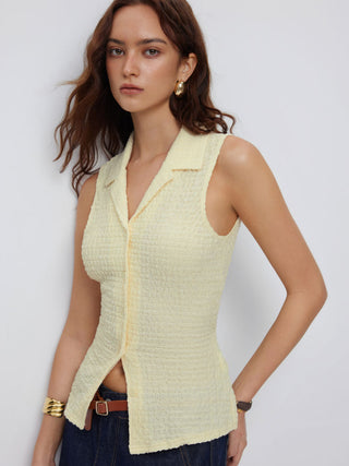 Cotton-blend Textured Notched Collar Tie Back Tank Top