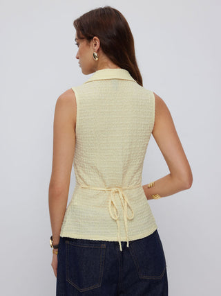 Cotton-blend Textured Notched Collar Tie Back Tank Top