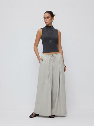 Cotton-blend Low Rise Drawstring Wide Leg Trousers