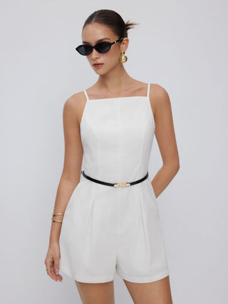 Linen-blend Square Neck Mid Rise Metal Detail Cami Romper With Belt