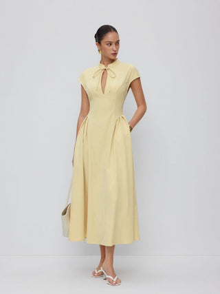 Stand Collar Tie-Neck Short Sleeve Draped Pocket Flared Maxi Dress