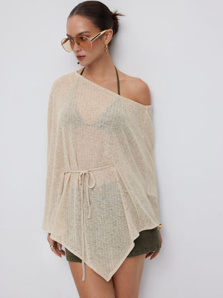 Textured Linen-blend Asymmetrical Neck Cloak Sleeve Top