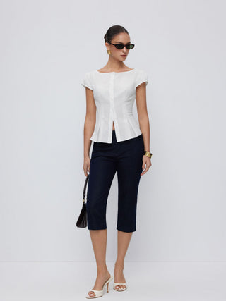 Cotton-blend Textured Boat Neck Puff Sleeve Button Through Peplum Blouse