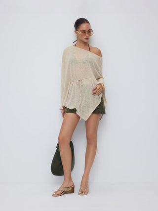 Textured Linen-blend Asymmetrical Neck Cloak Sleeve Top