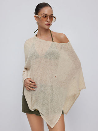 Textured Linen-blend Asymmetrical Neck Cloak Sleeve Top