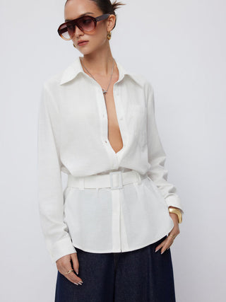 Linen-blend Longline Long Sleeve Shirt with Belt