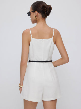 Linen-blend Square Neck Mid Rise Metal Detail Cami Romper With Belt