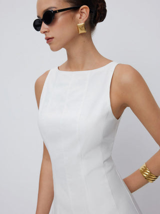 Linen-blend Boat Neck Pleated A-line Mini Dress