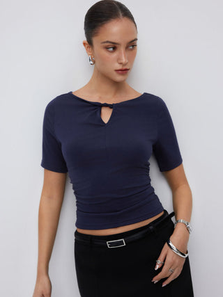 High Stretch Boat Neck Short Sleeve Twist Cut Out Ruched Tee